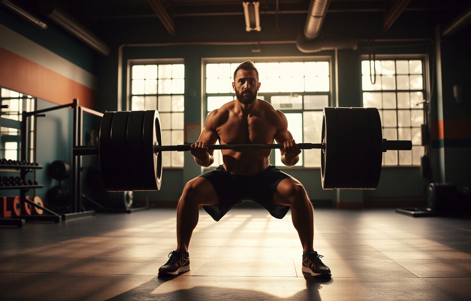 Athlete performing a heavy barbell lift in a gym