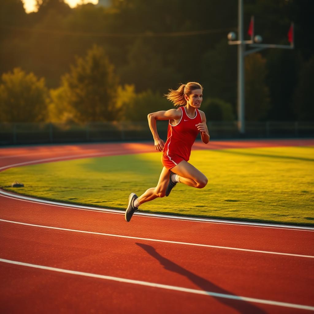 Runner sprinting around a track at golden hour